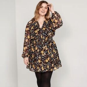 Old Navy Floral Smocked Long Sleeve Dress Boho Waist Defining Vacation Summer
